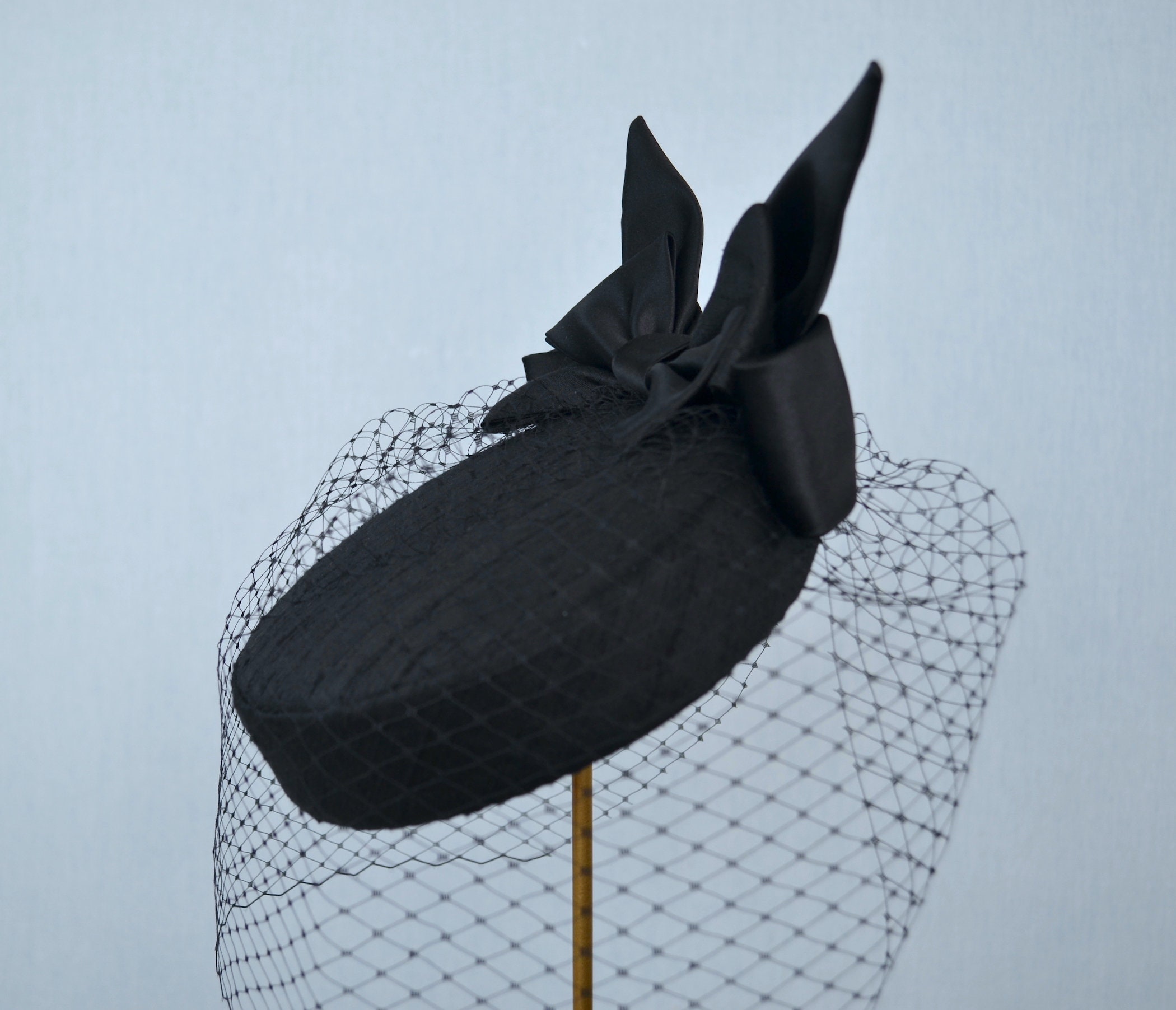 Black Silk Pillbox Hat With Birdcage Veil - Black Pillbox 