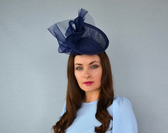 Navy Blue Saucer Hat with Crinoline Detail - Navy Occassion Hat - Mother of the Bride Hat - Ascot Hat - Derby Hat - Navy Fascinator Hat