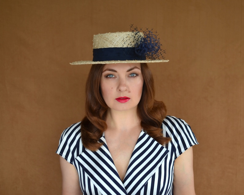 Straw Boater Hat With Navy Ribbon and Pompom Sun Hat Etsy