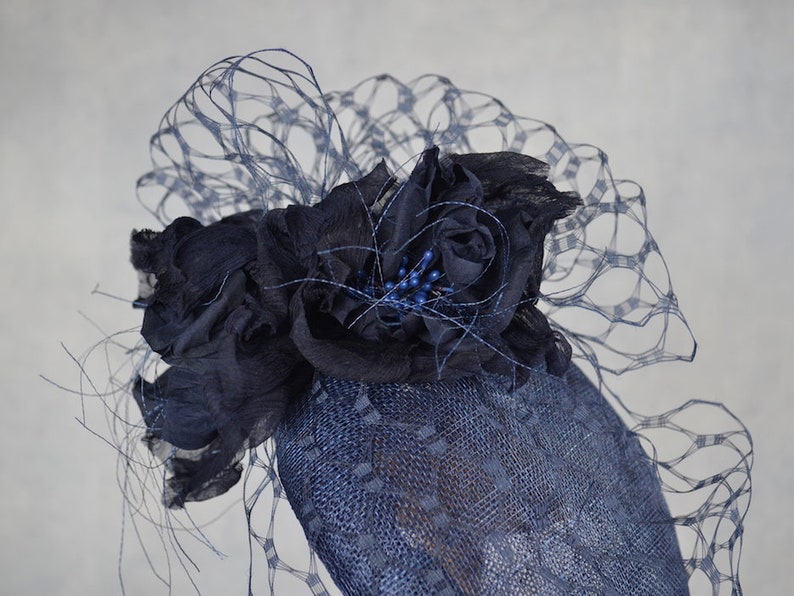 Navy Blue Pillbox Hat With Birdcage Veil and Silk Flowers Etsy