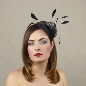 Black Sinamay and Feather Fascinator - Black Fascinator - Feather Fascinator - Black Cocktail Hat - Halloween Headpiece - Black Headband