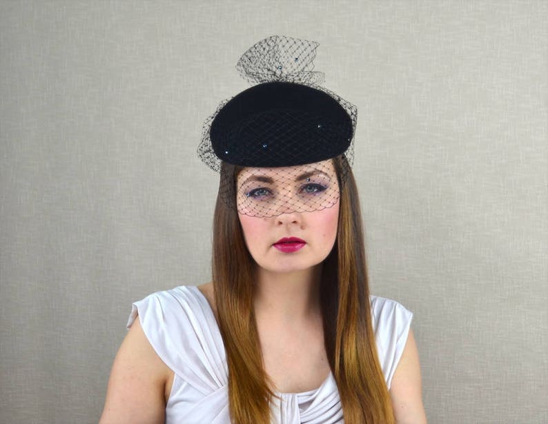 Black Pillbox Hat With Birdcage Veil Black Fascinator Etsy