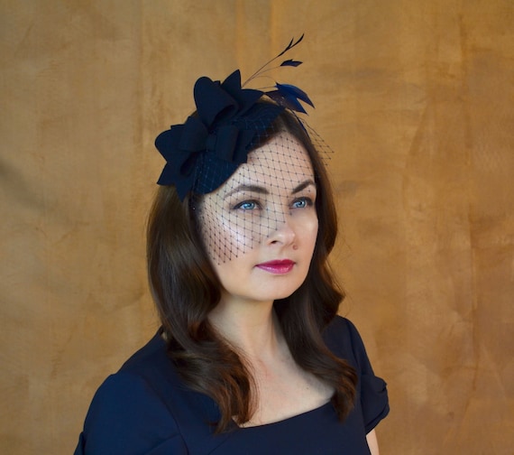 Navy Felt Fascinator With Bows and Birdcage Veil - Navy  display picture 1