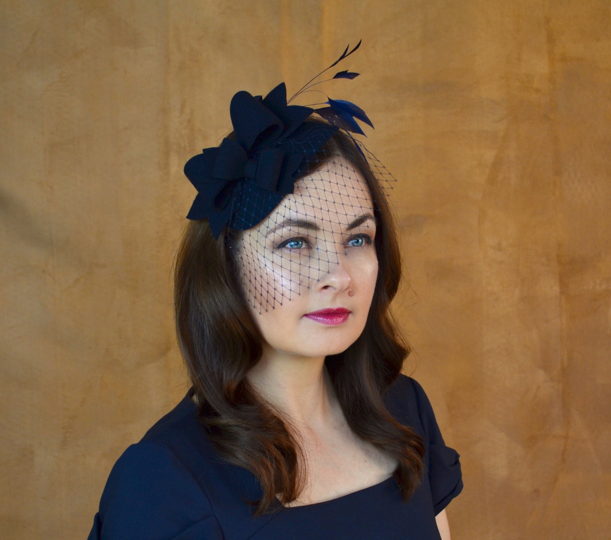 Beloved Millinery Navy High Sculpted Pillbox Ribbon Fascinator Hat Hatinator Navy Large Sinamay Disk Wedding Fascinator main image 4