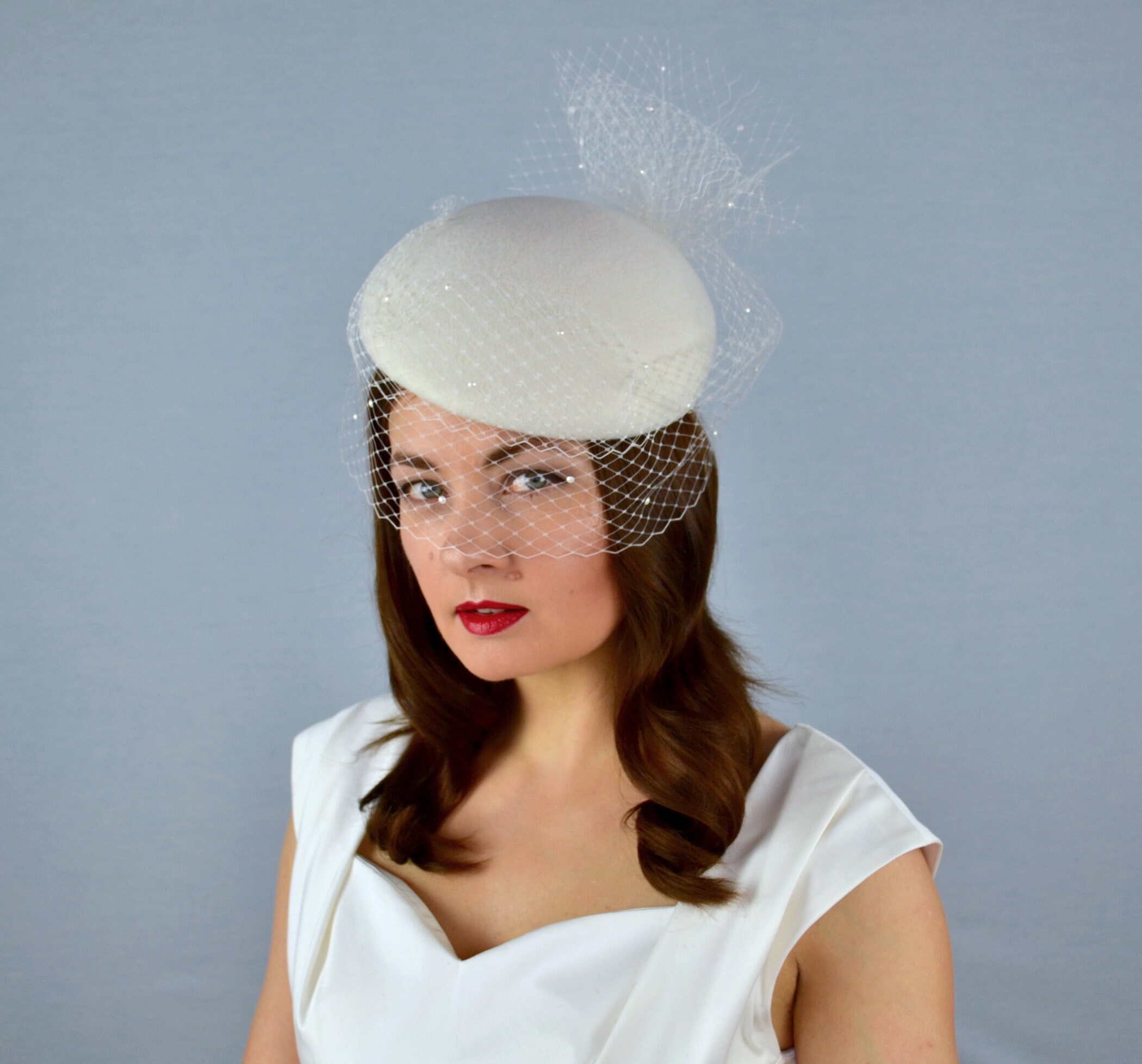 Bridal Pillbox Hat With Birdcage Veil 