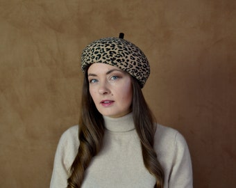 Leopard Print Felt Beret Hat with Swarovski Beads - Blocked Felt Beret - Wool Felt Hat - Brown Winter Hat - Camel Wool Beret - Women's Beret