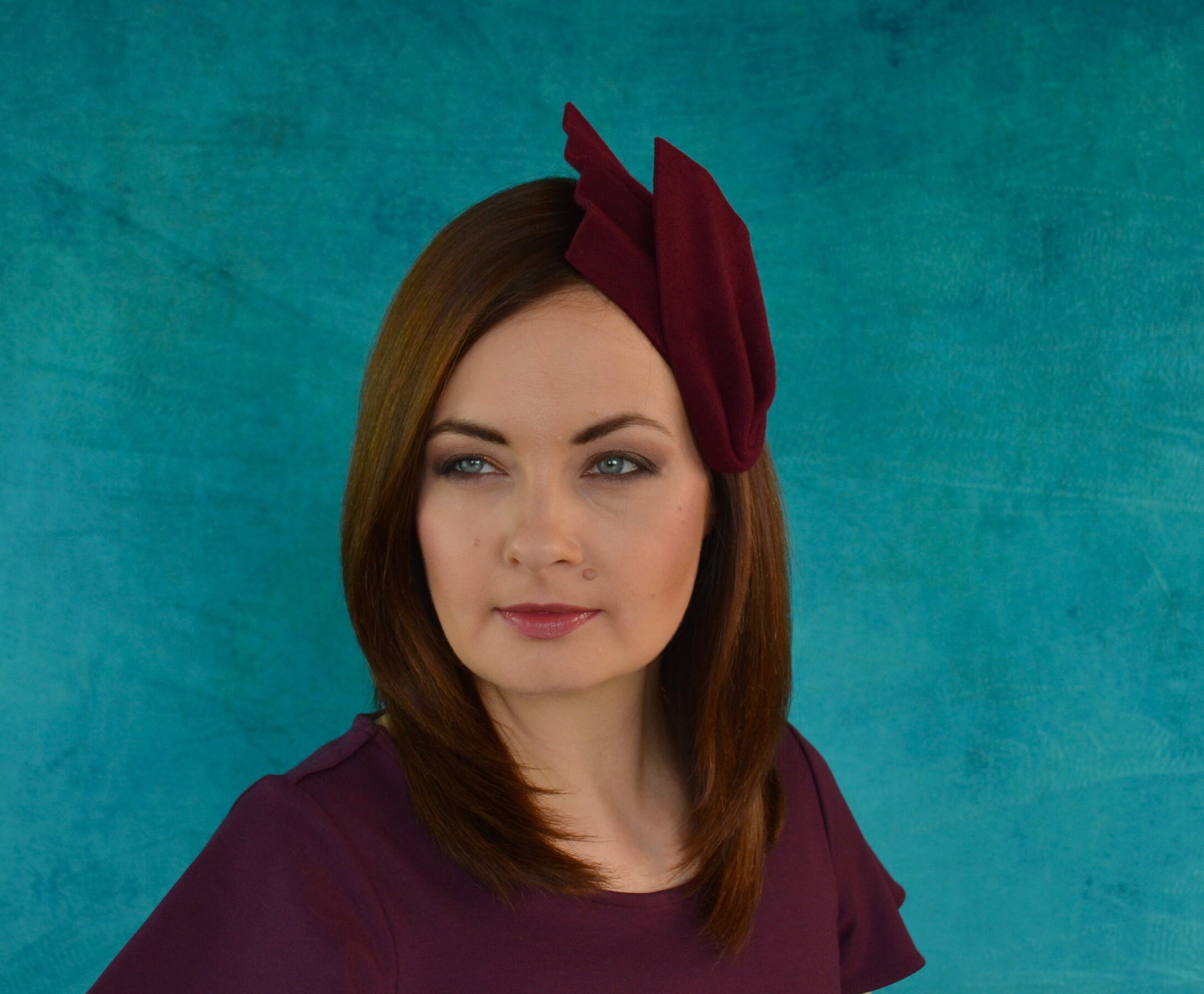 NWT Forbusite Wool Wide Brim Church Hat Burgundy Red Veil Feather Fascinator Veil Burgundy Wedding Saucer Hat Women, Maroon Royal Ascot  main image 3