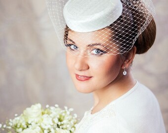 Ivory Bridal Pillbox Hat With Birdcage 