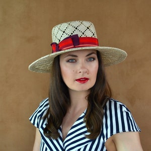 Summer Straw Hat with Red Striped Ribbon - Sun Hat - Summer Hat - Wide Brim Hat - Elegant Summer Hat - Straw Porkpie Hat - Garden Party Hat