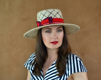 Summer Straw Hat with Red Striped Ribbon - Sun Hat - Summer Hat - Wide Brim Hat - Elegant Summer Hat - Straw Porkpie Hat - Garden Party Hat