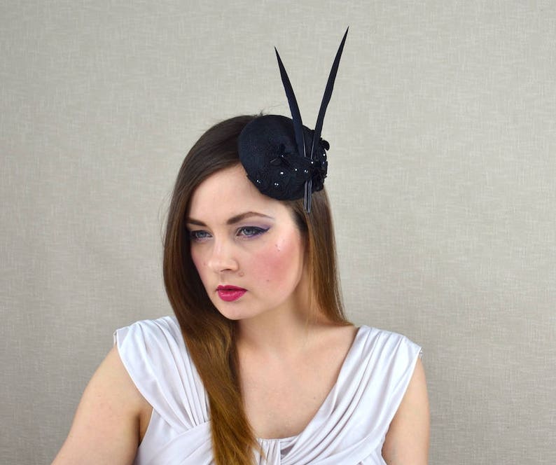 Black Pillbox Hat With Feathers Black Cocktail Hat Black Etsy