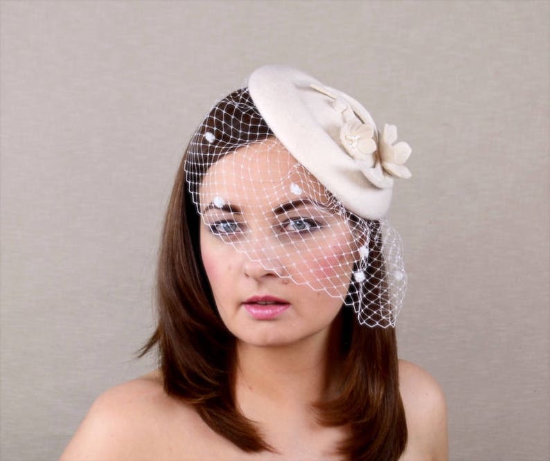 Ivory Pillbox Hat with Birdcage Veil Wedding Headpiece Etsy