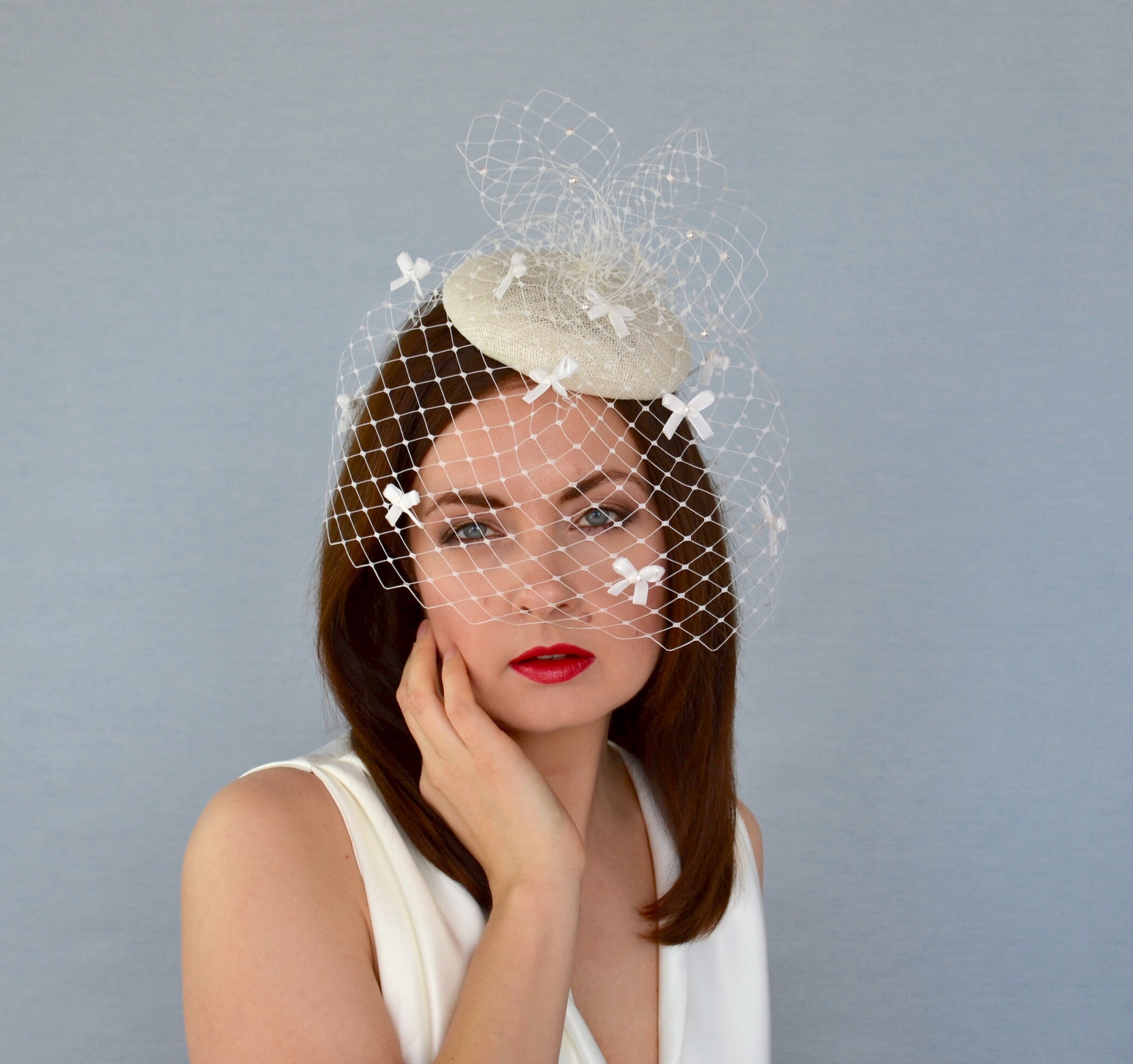 Vintage Woven Straw Pillbox Hat with Brown Birdcage Veiling and Bow Cream Raffia pillbox hat with a playful bow is 100% joy ? Perfect  main image 2