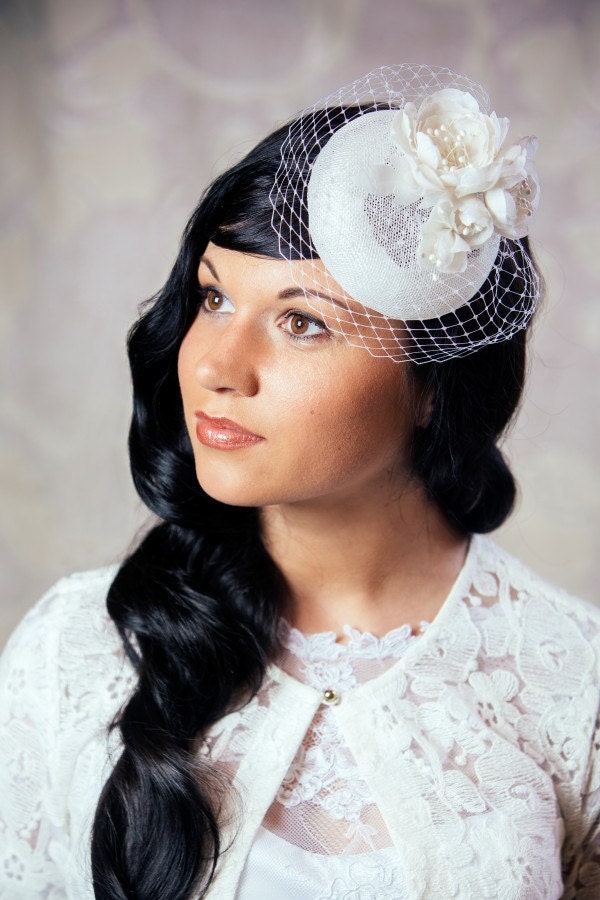 Bridal Pillbox Hat with Silk Flowers and Birdcage Veil | Etsy