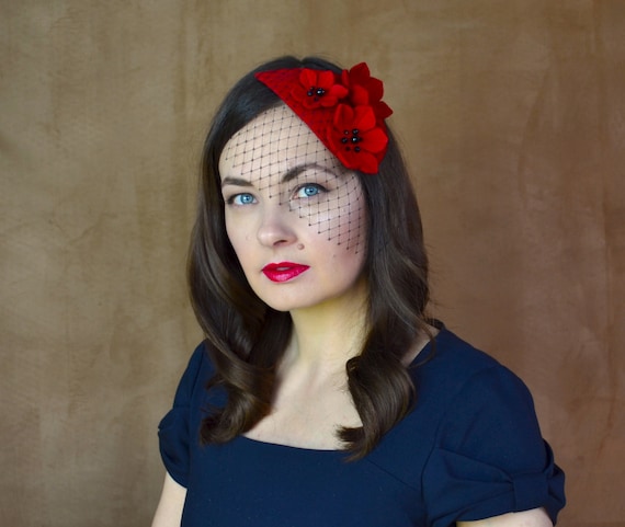 Red Felt Fascinator With Black Birdcage Veil - Red  display picture 2