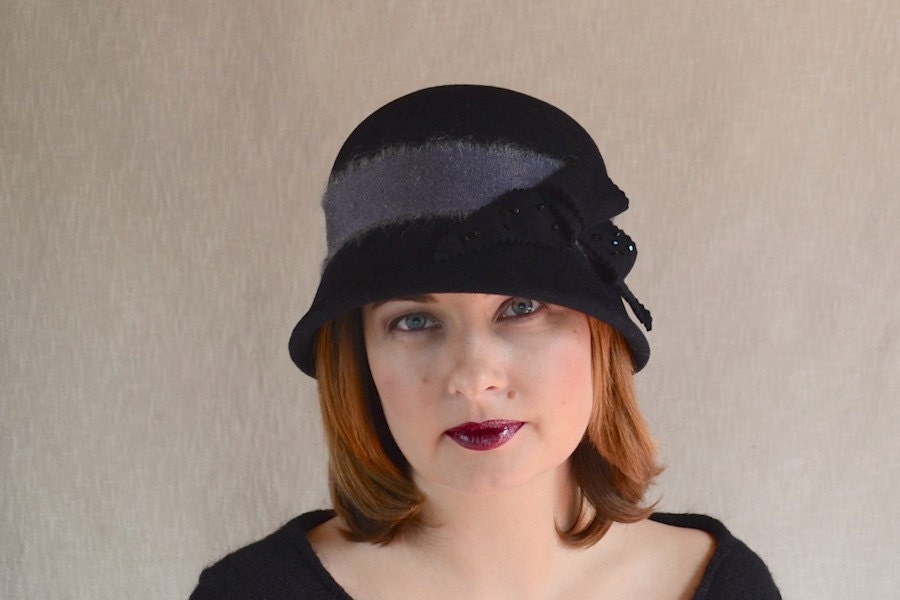 Black Cloche Hat with Gray Ribbon Great Gatsby Cloche Hat | Etsy