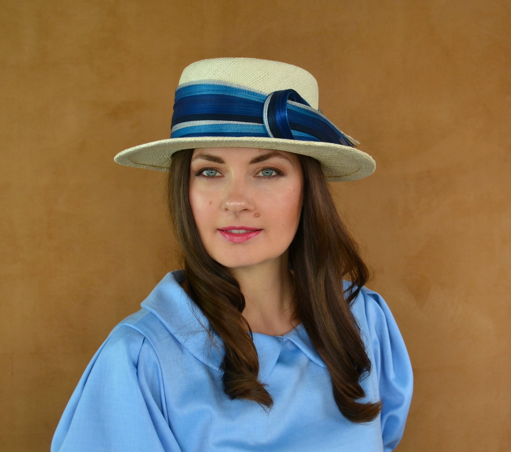 Panama Straw Boater Hat With Blue Striped Ribbon - Straw 