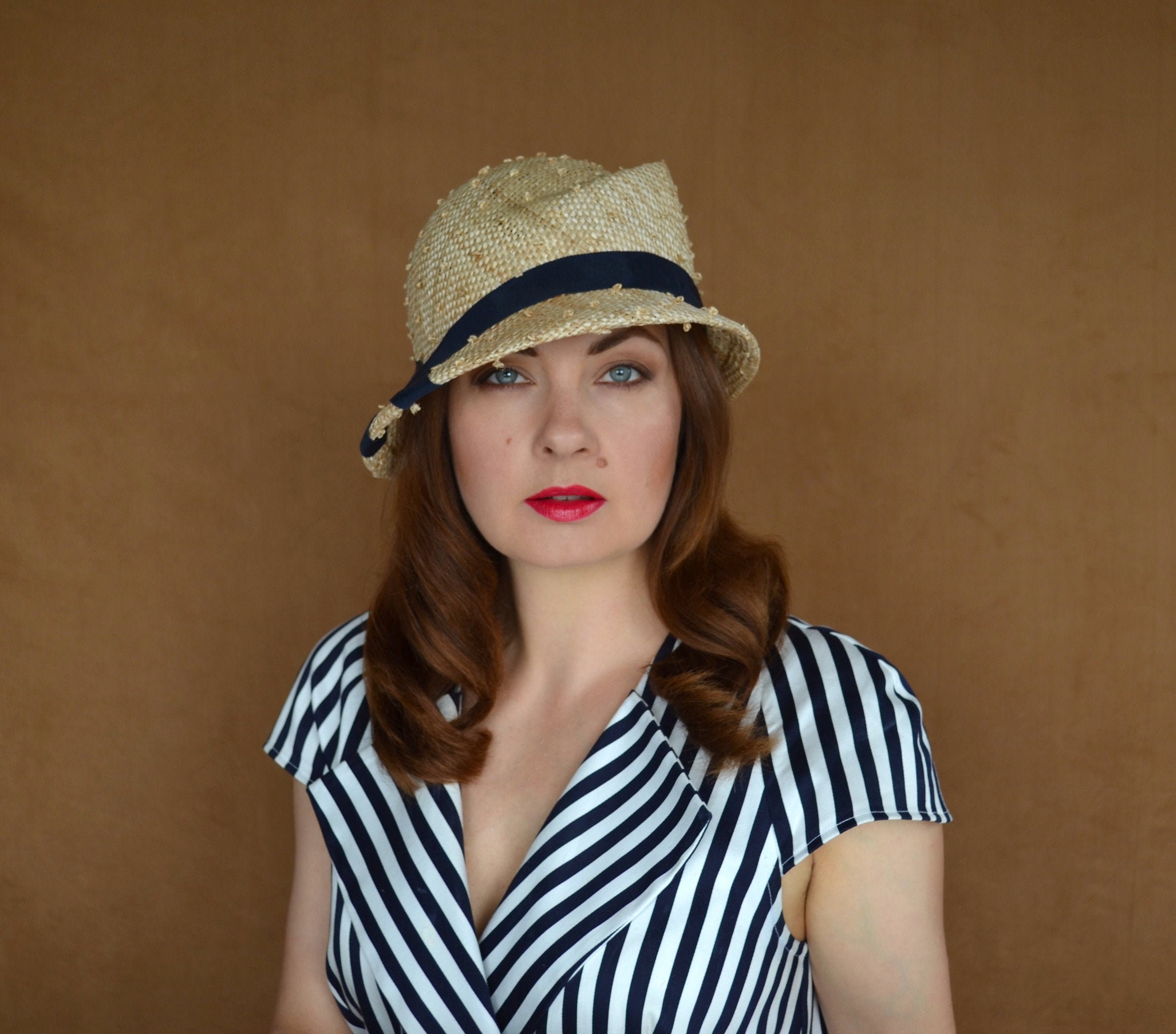 Modern Straw Cloche Hat with Navy Ribbon - Sun Hat - Summer Hat - Cloche Hat - Elegant Hat - Straw Cloche Hat - Flapper Hat - Modern Sun Hat
