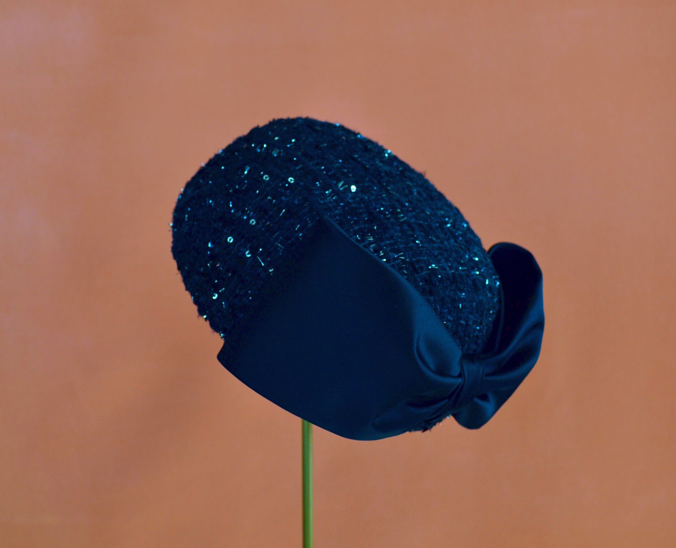 Royal Blue WPL Wool and Black Mesh Fascinator Pillbox Hat Black Sequins Black Wool Felt Fascinator With Velvet Decoration and  main image 2