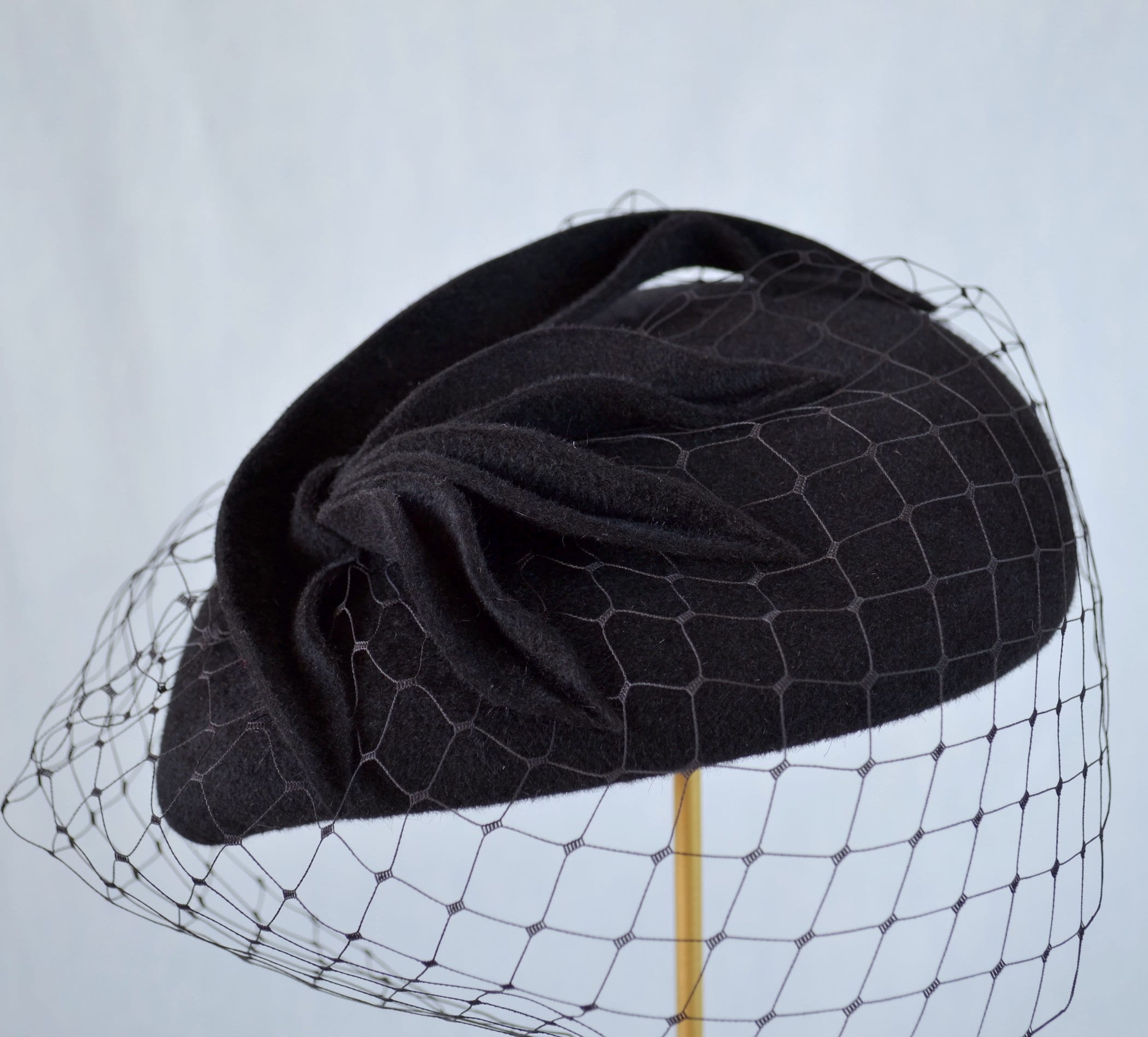 Black Velour Felt Pillbox Hat With Birdcage Veil - Black 