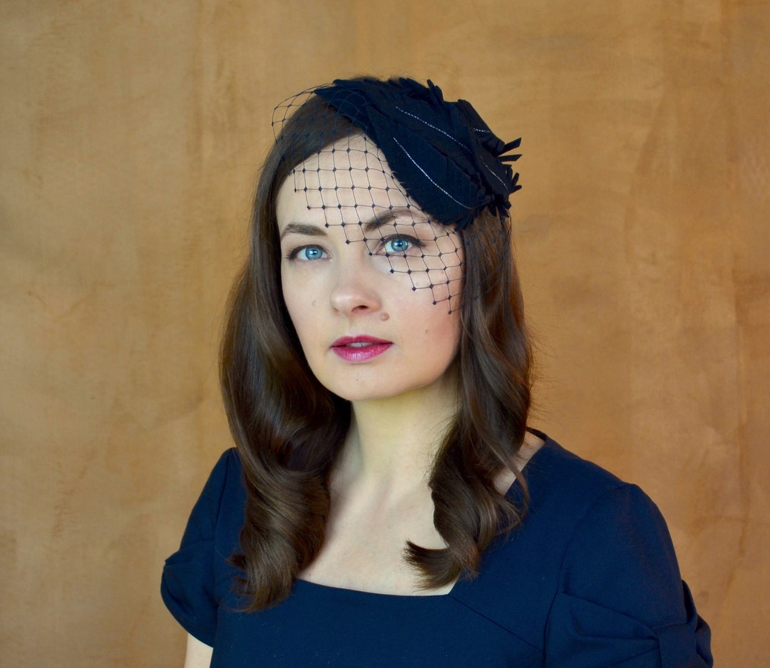 Navy Blue Felt Fascinator With Feathers and Birdcage Veil Dark Blue