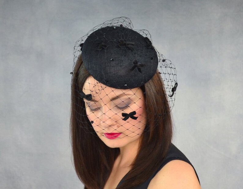 Black Pillbox Hat with Birdcage Veil Black Fascinator with Etsy