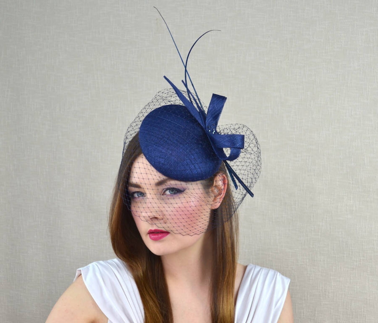 Navy Blue Pillbox Hat With Birdcage Veil and Quills Dark Etsy