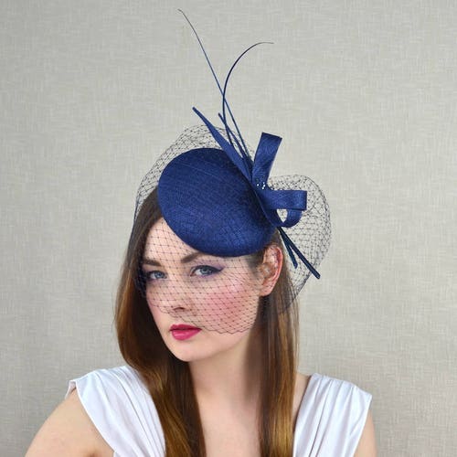Blue Pillbox Hat With Veil Navy Blue Wool Felt Cocktail Hat Etsy