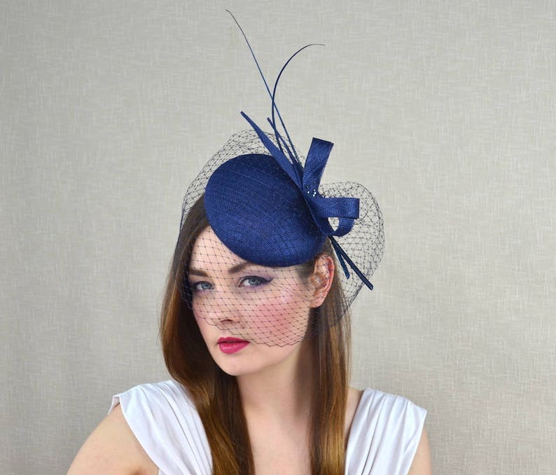 Navy Blue Pillbox Hat With Birdcage Veil and Quills Dark Etsy