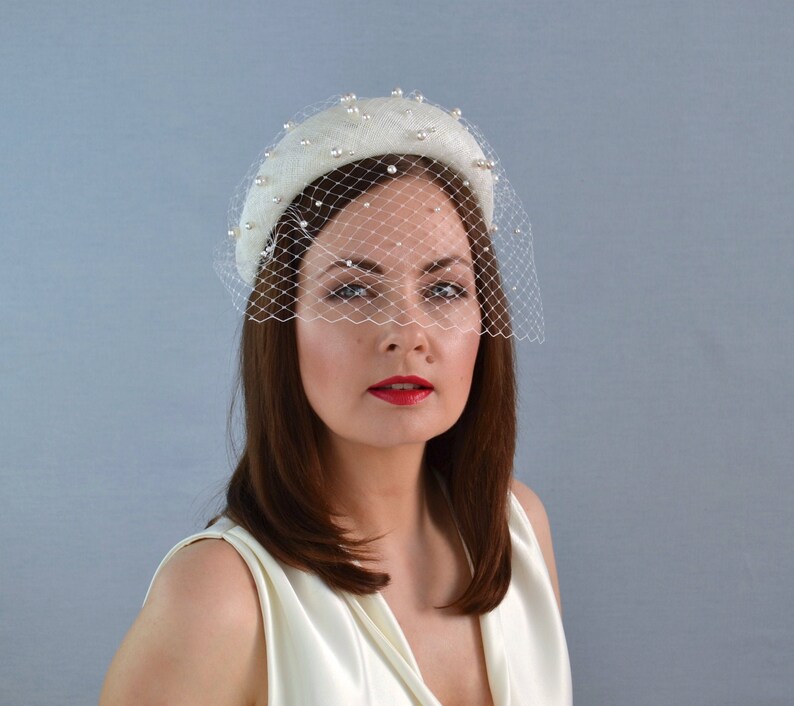 Ivory Straw Bridal Headband Birdcage Veil and Pearls Ivory Etsy