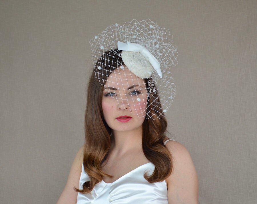 Cream Pillbox Hat with Birdcage Veil and Velvet Bow Ivory Etsy