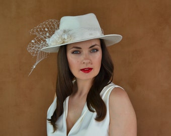 Bridal Fedora Hat with Birdcage Veil and Handmade Silk Flowers - Handmade Bridal Fedora Hat - Exclusive Fedora Hat - Bridal Fedora Hat