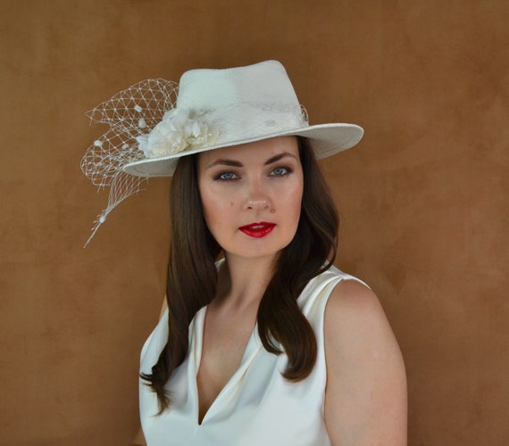 Bridal Fedora Hat With Birdcage Veil and Handmade Silk  display picture 2