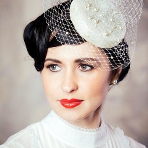 Ivory Bridal Pillbox Hat with Birdcage Veil - Birdcage Veil Fascinator - Ivory Bridal Fascinator - Bridal Hat - Wedding Hat - Fascinator Hat