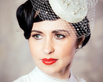 Ivory Bridal Pillbox Hat with Birdcage Veil - Birdcage Veil Fascinator - Ivory Bridal Fascinator - Bridal Hat - Wedding Hat - Fascinator Hat