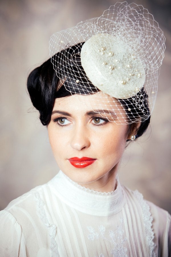 Ivory Bridal Pillbox Hat With Birdcage Veil - Birdcage Veil