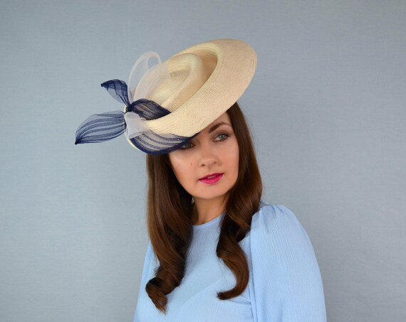 Natural Straw Saucer Hat With Navy 