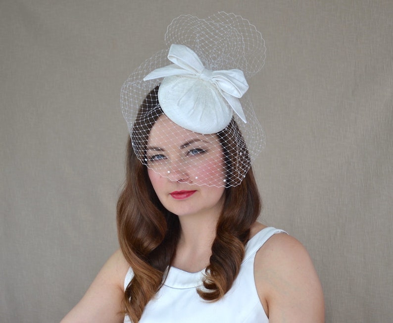 Bridal Pillbox Hat with Birdcage Veil and Bow White Bridal Etsy