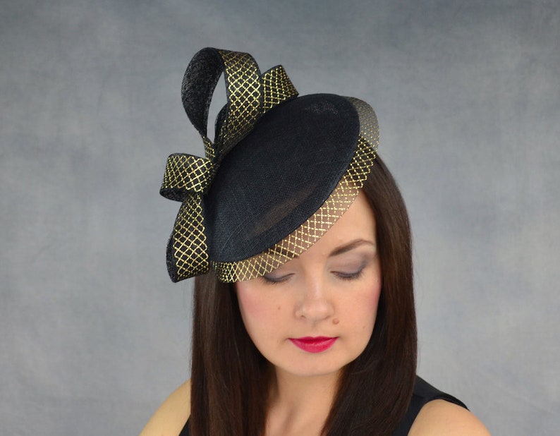 Black and Gold Saucer Hat With Bow Kentucky Derby Hat Etsy