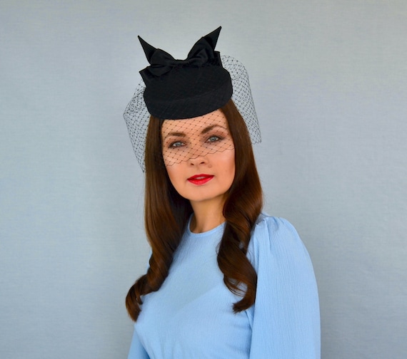 Black Silk Pillbox Hat With Birdcage Veil - Black Pillbox  display picture 3