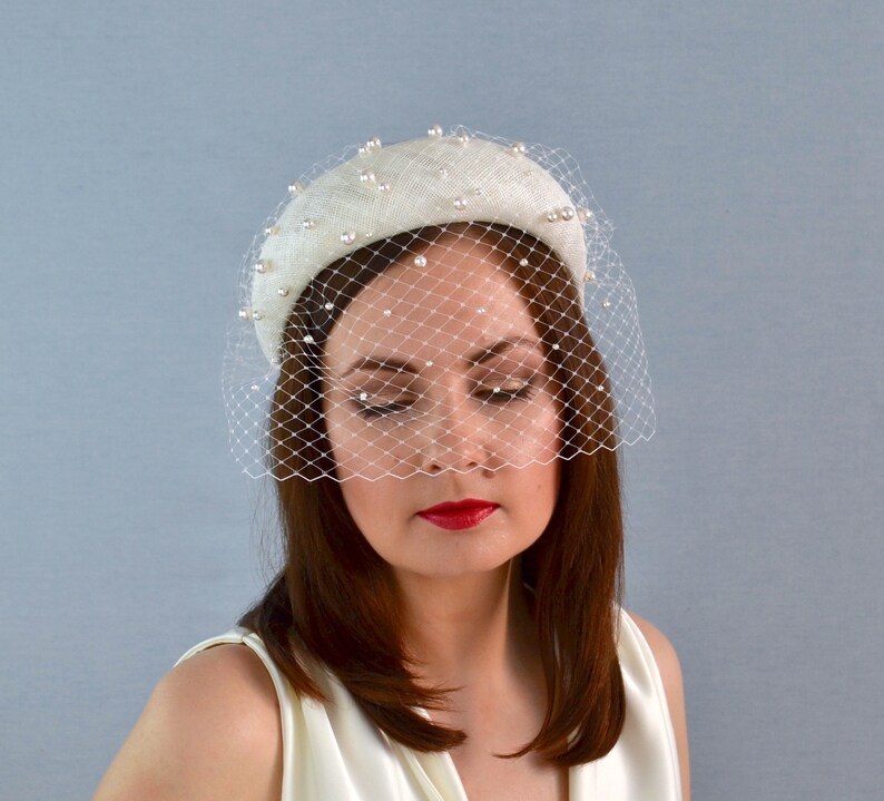Ivory Straw Bridal Headband Birdcage Veil and Pearls Ivory Etsy