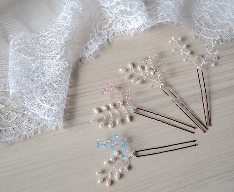 Wedding Hairpiece Pink Blue Pearl Hair Pins Bridal Crystal Hair Pin Set Champagne Wedding Hair Pins White Hair Pins