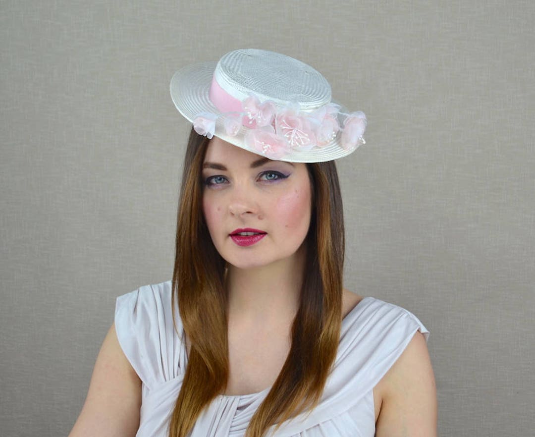 Boater Hat Races OPHELIE - Ivory Boater Hat With Pink and Ivory Silk Flowers - Ivory ...