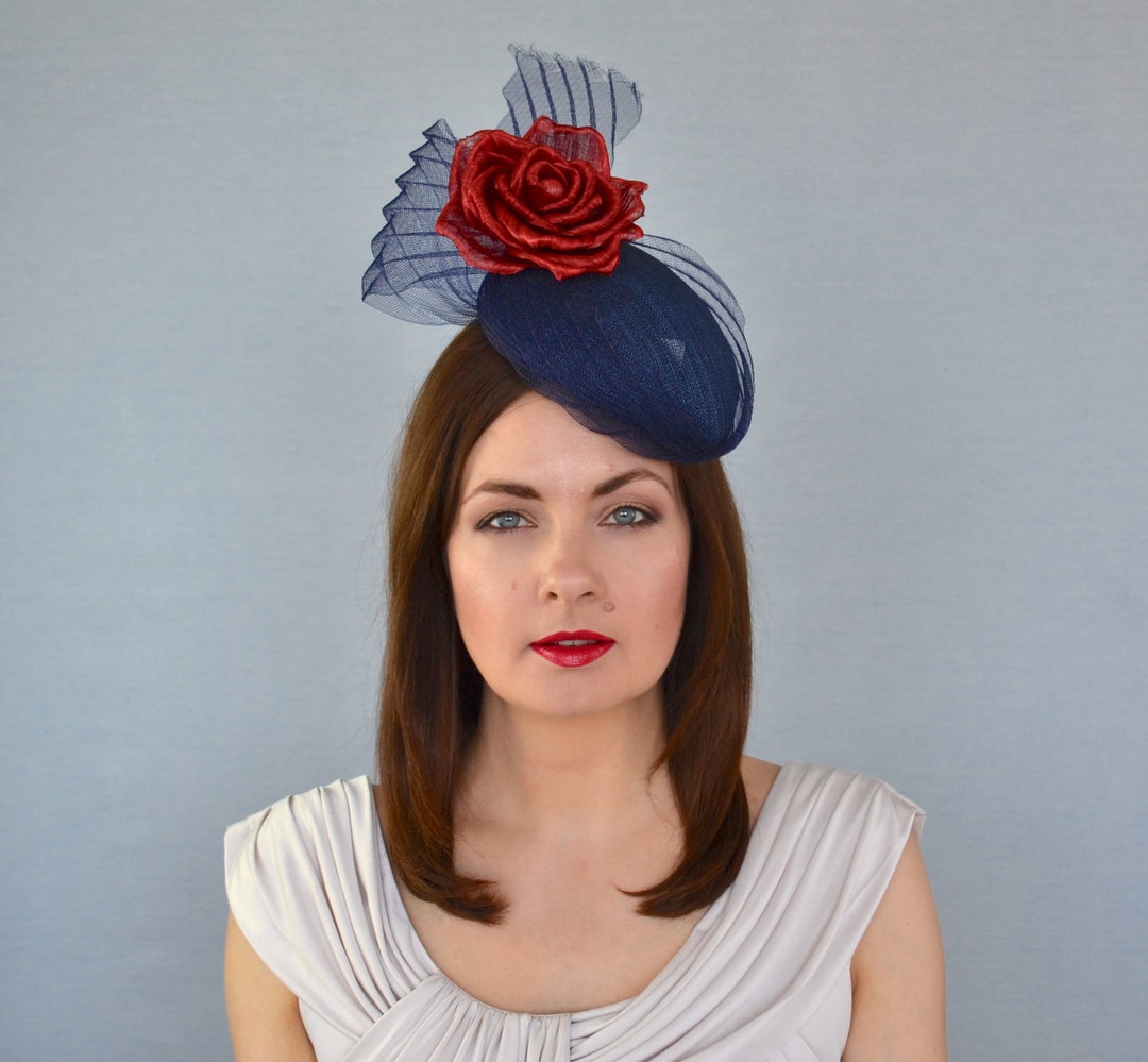 Vintage 1950s Navy Blue Hat Pink Flower Trim Size 22 1/2 Pillbox Fascinator Vintage 1950s Navy Blue Hat Pink Flower Trim Size 22 1/2  main image 4