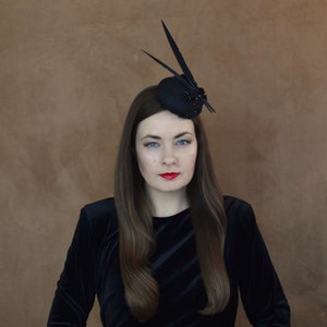 Black Pillbox Hat with Feathers - Black Cocktail Hat - Black Fascinator - Fascinator Hat - Mother of the Groom - Pillbox Hat - Black Hat