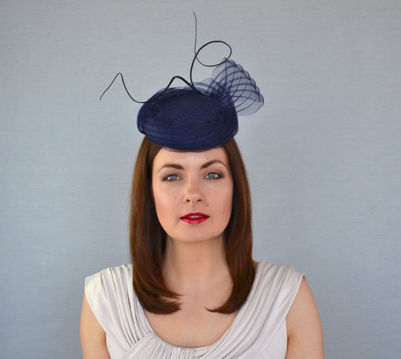 Navy Blue Pillbox Hat With Pleated Crin and Quills - Navy  display picture 3
