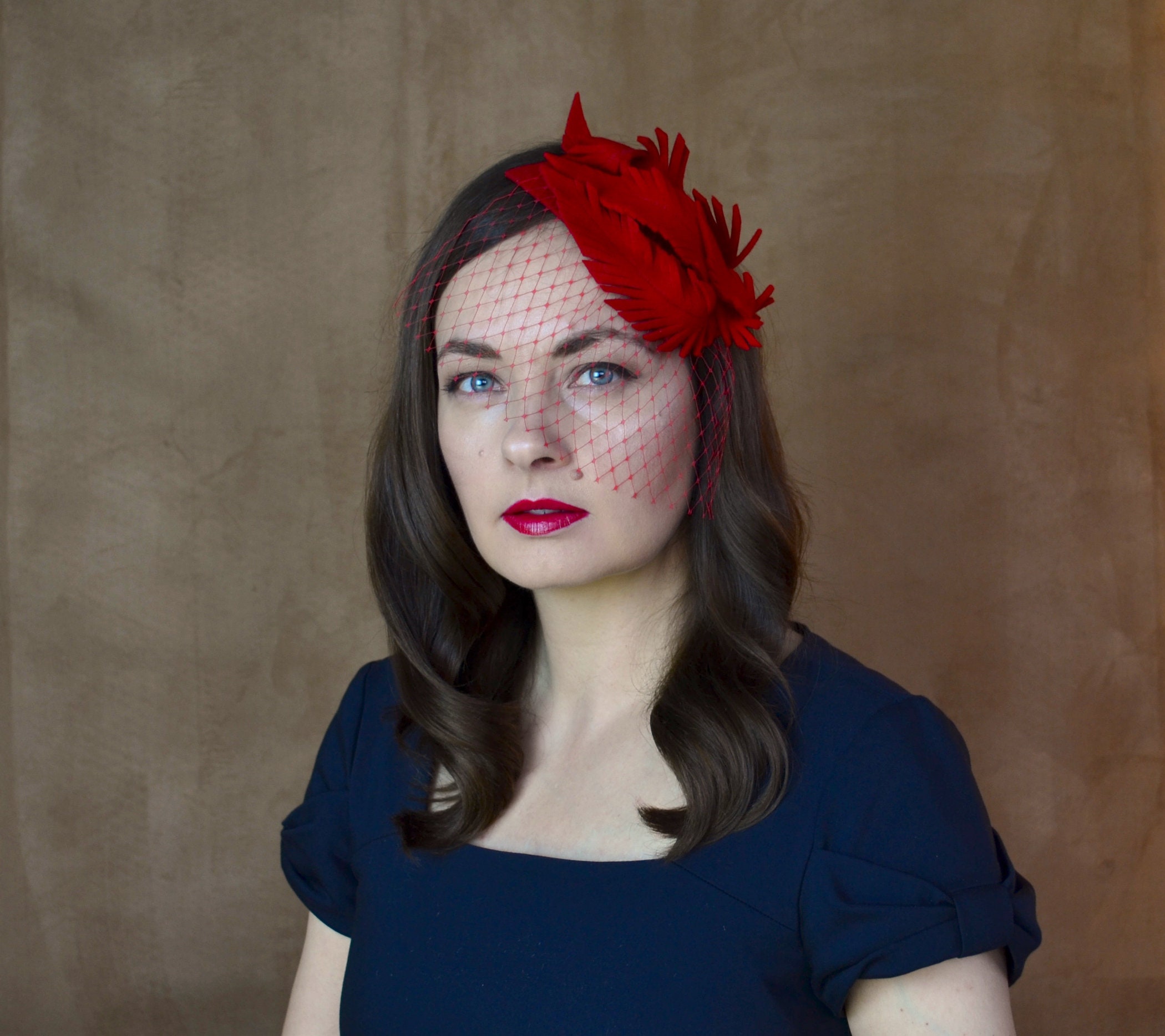 Red Felt Fascinator With Feathers and Birdcage Veil - Red  display picture 3