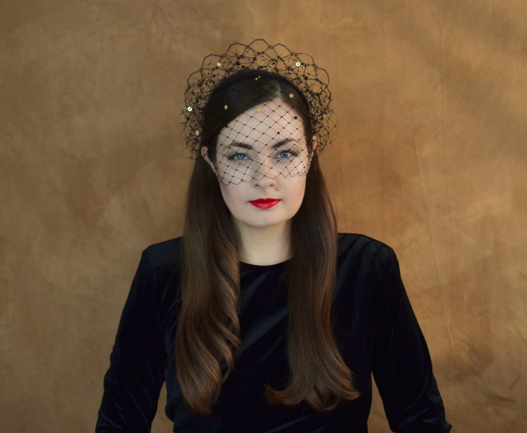 Black Birdcage Veil With Gold Sequins Black Fascinator Black Birdcage