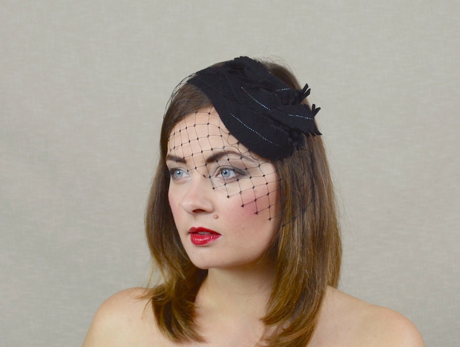 Black Felt Fascinator With Feathers and Birdcage Veil Black Etsy