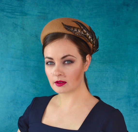 Camel Pillbox Hat With Feathers - Camel Brown Fascinator  display picture 1